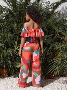 SHEIN Completo da ragazza pre-adolescente in 2 pezzi: top a balze con stampa geometrica colorata e spalle scoperte + pantaloni larghi e morbidi, abbigliamento casual per vacanze e feste