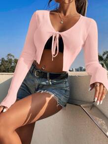 Chiquease Solid Color Ribbed Twist Front Long Sleeve Cardigan, Casual For Summer Fall Winter Cloth For Women - Pink - View 4