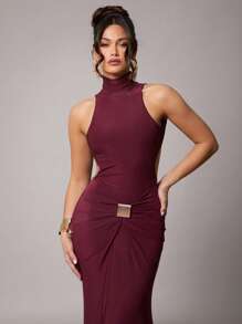 Silquee 女士优雅派对长袖性感高领露背连衣裙，带金属扣装饰，有酒红色和砖红色可选，采用弹力针织面料制成，适合鸡尾酒会、浪漫约会、秋冬休闲装、婚礼、伴娘、正式派对、万圣节、圣诞节、连衣裙、女士连衣裙 - 酒紅色 - 查看 7