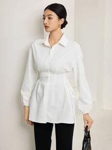 Heiryn 系带侧落肩衬衫 - 白色 - 查看 4