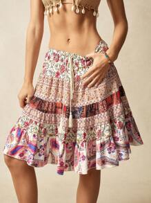 Bohemela Women's Woven Floral Ruffled Skirt With Waist Tie