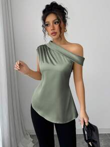Elenzga Camicetta elegante senza maniche con scollo obliquo e drappeggio sulla spalla, in raso tinta unita, adatta alla primavera/estate