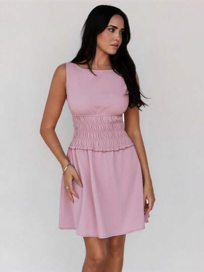 Roylia Women's Spring/Summer Picnic Sweet Style Solid Color Ruffle Waist Sleeveless Mini Dress