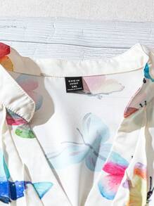 SHEIN LUNE Plus Size Summer Casual Butterfly Print Notch Collar Ruffle Hem Blouse - White - View 3