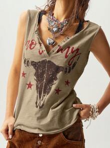 Bohemela Camiseta de tirantes ajustada de unicolor casual con apertura delantera de punto para mujer