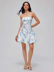 Roylia 无袖花卉印花仿鱼骨抹胸迷你连衣裙 - 白色 - 查看 3