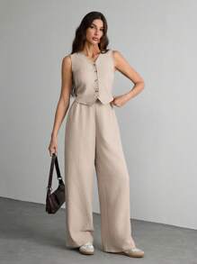 SHEIN Tall Conjunto de dos piezas para uso diario para mujeres - Albaricoque - Ver 3