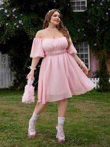 Flirla Plus Size Casual Vacation Retro Girl Waistband Off-Shoulder Ruffle Puff Sleeve Knee-Length Dress - Pink - View 5