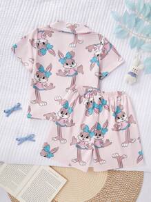 Young Girl' Cute Hand-Drawn Rabbit Design Casual Pink Cardigan & Shorts Home Outfit - Pink - View 2