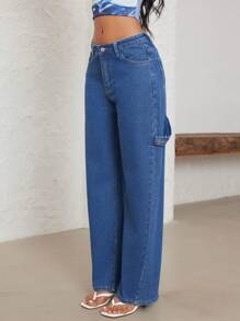 SHEIN ICON Jeans rectos de bolsillo sesgado de uso diario casual para mujer