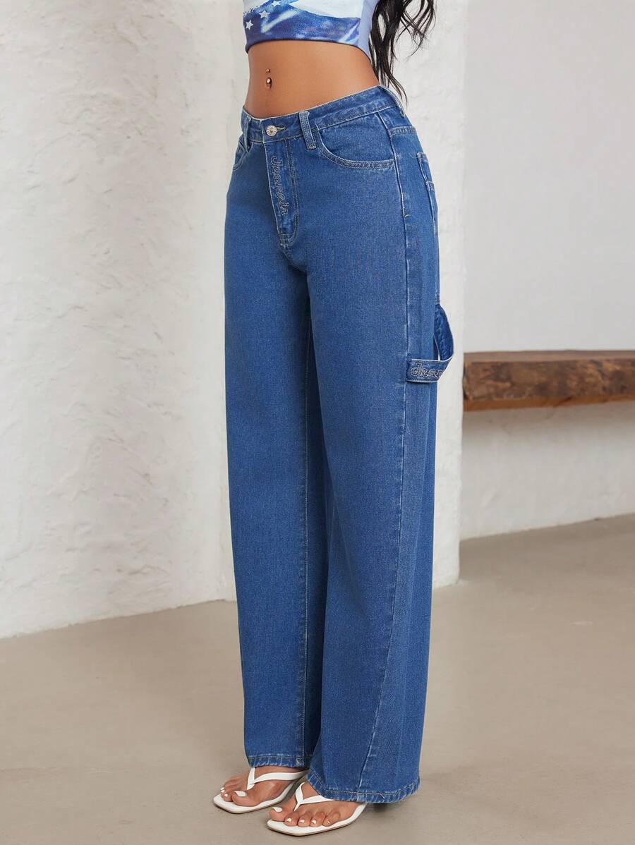 SHEIN ICON Jeans rectos de bolsillo sesgado de uso diario casual para mujer