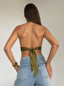 Aloruh Elegant & Sexy Olive Green Halter Neck Tie-Up Decor Button Women's Tank Top