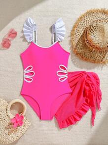 Tween Girl Laser Cut Ruffled One-Piece Swimsuit - Hot Pink - View 4
