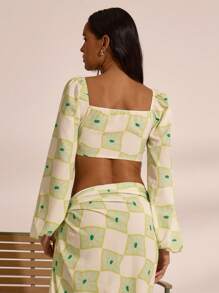 MUSERA Printed Chiffon Tie Front Flare Long Sleeve Top Spring  Vacation Boho Ibiza Elegant Beach Cute Beach House Holiday Elegant - Green - View 3