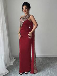 Rafferiza Robe près du corps plissée avec feuille d'or, mode moulant pour femmes - Rouge - Voir 4