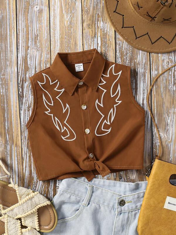 Wildeya Bluse per ragazze giovani, nuovi arrivi primavera/estate 2025, con ricamo di totem occidentali e design con laccetto, di moda e versatili per uso quotidiano, uscite e occasioni sociali