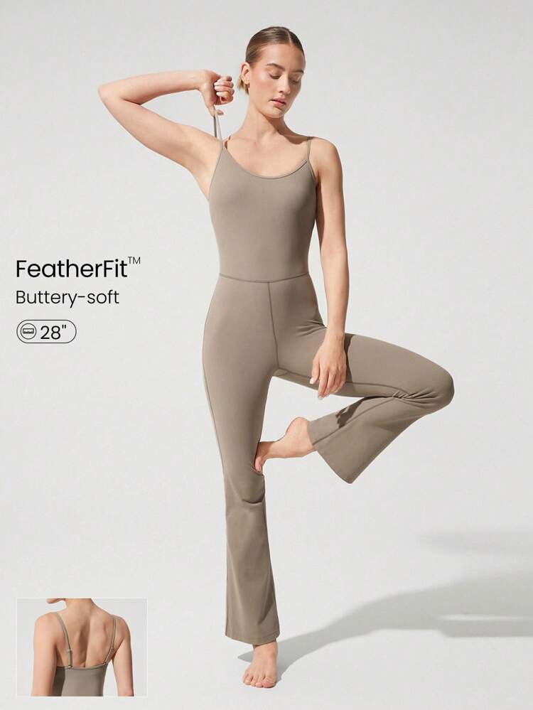 FeatherFit™ Low-Cut Neck 70's Flare Jumpsuit Low Impact Yoga Pilates Studio Black Jumpsuit Summer Jumpsuit Elegant Jumpsuit Jumpsuits For Woman