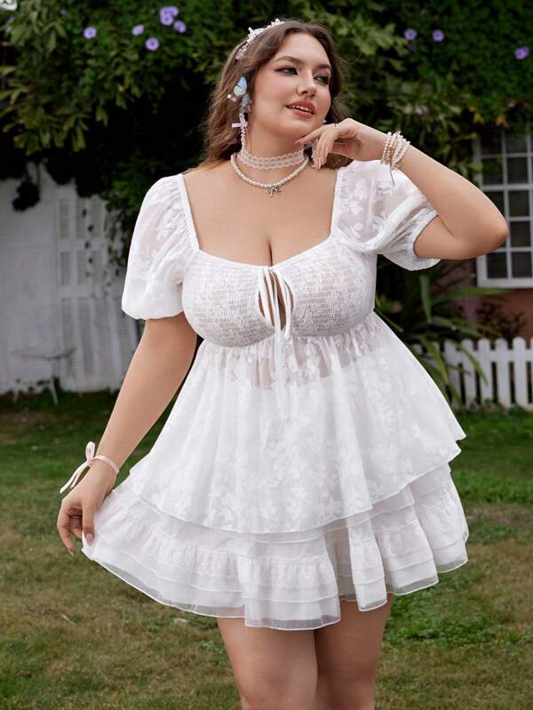 Lyrianda Plus Size Diamond Shirred Tie Front A-Line Burnout Fabric Short Sleeve Shirt