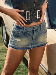 SHEIN ICON Falda vaquera mini de tiro bajo desgastada informal para mujer