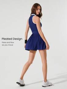 GLOWMODE Vestido tipo polo sin mangas FeatherFit™-Air Ace Flow con bloques de color, bandas antideslizantes, bolsillos laterales, copas desmontables, apto para tenis, golf, pickleball, uso casual y de bajo impacto diario - Dark Blue - Ver 2