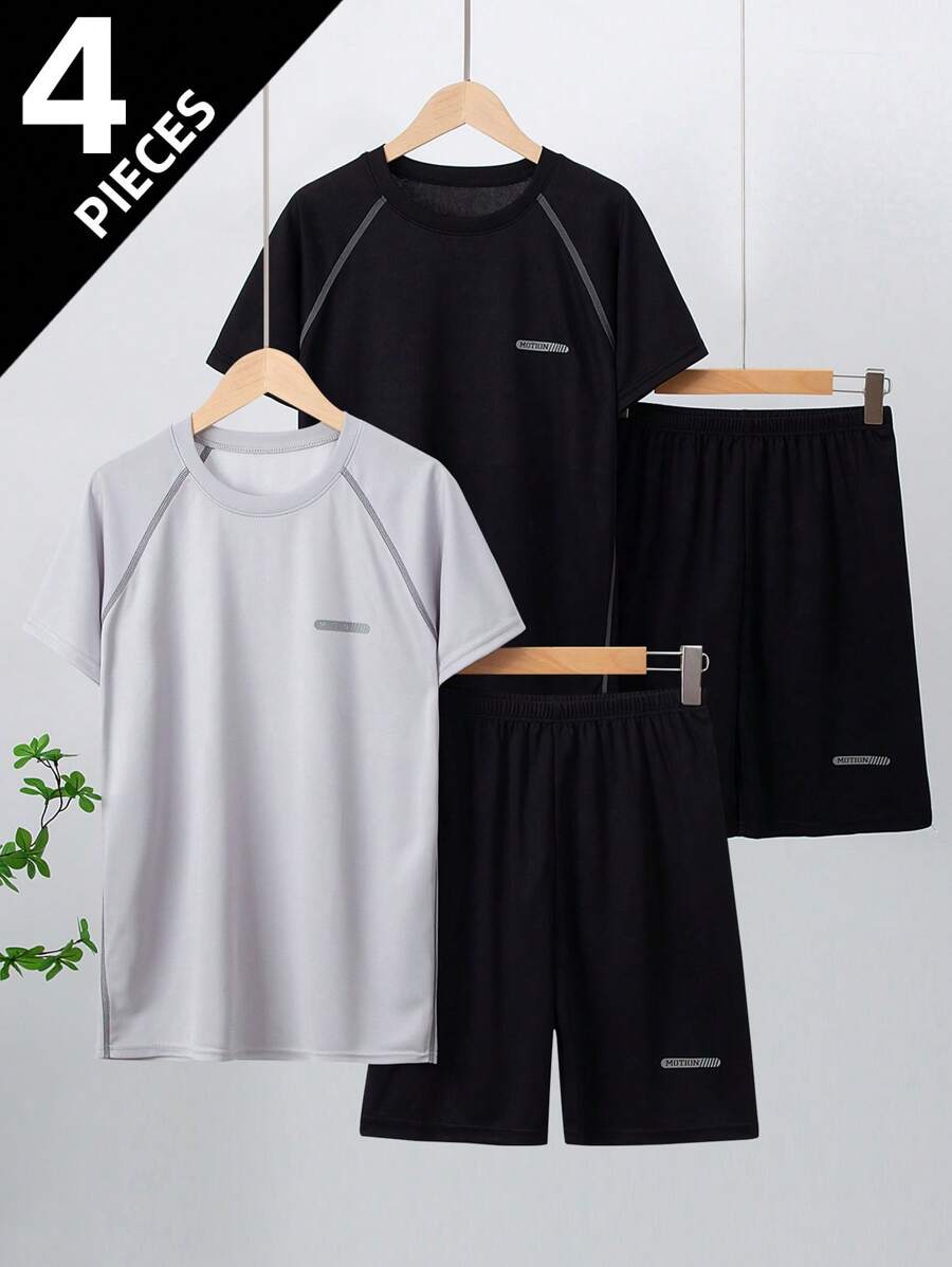 Set de 4 piezas de ropa deportiva para adolescentes, camiseta de manga corta, pantalones cortos deportivos transpirables, tallas para edades de 12 a 18 años - Multicolor - Ver 1