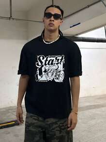 DAZY 夏季字母印花黑色嘻哈西海岸风格男士 T 恤，图案 T 恤 - 黑色 - 查看 4