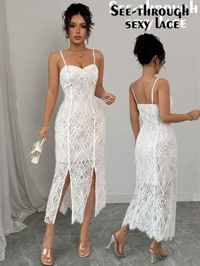 Rafferiza Women's Lace See-Through Strap Fitted Slit Elegant Sexy Dress