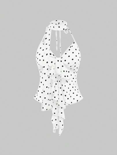 Sexy Y2K Polka Dot Chiffon Full Print Ruffle Edge Design With Neck Band Ladies Tank Top