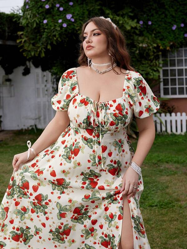 Lyrianda Summer New Vacation Sweet Elegant Strawberry Print Tie Up Design Contrast Lace Puff Sleeve Midi Dress With Waist Cinching, Side Slit For Women