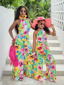 SHEIN Leap Crew Tween Girl Spring/Summer Floral Print Woven Halter Neck Sleeveless Straight Leg Jumpsuit, Suitable For Beach And Other Occasions, Mommy And Me Matching Outfits - Multicolor - View 1