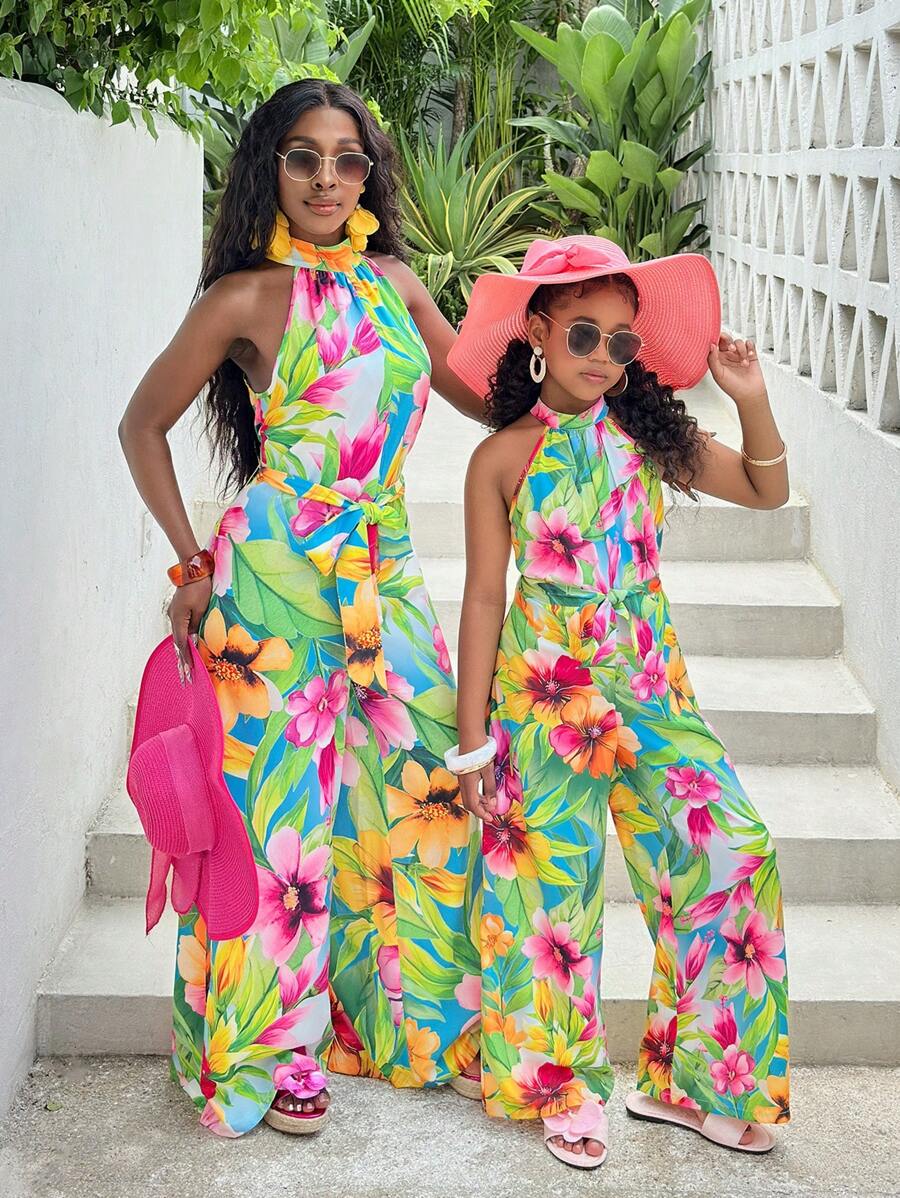 SHEIN Leap Crew Tween Girl Spring/Summer Floral Print Woven Halter Neck Sleeveless Straight Leg Jumpsuit, Suitable For Beach And Other Occasions, Mommy And Me Matching Outfits - Multicolor - View 1