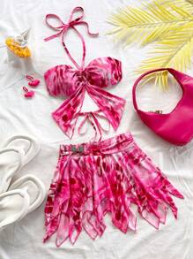 Soleia Vestido de verano para graduación, vestidos para mujer, conjuntos de playa para vacaciones, conjuntos de festival para mujer, conjunto de rave, conjunto de festival de conciertos para mujer, conjunto de playa, conjunto de rave estilo "baddie" de color rosa, conjunto de 2 piezas con top halter con espalda descubierta y falda con bajo asimétrico, conjunto de vacaciones de estilo "fairycore" de Ibiza - Rosa - Ver 1