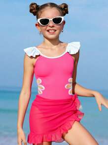 Tween Girl Laser Cut Ruffled One-Piece Swimsuit - Hot Pink - View 3