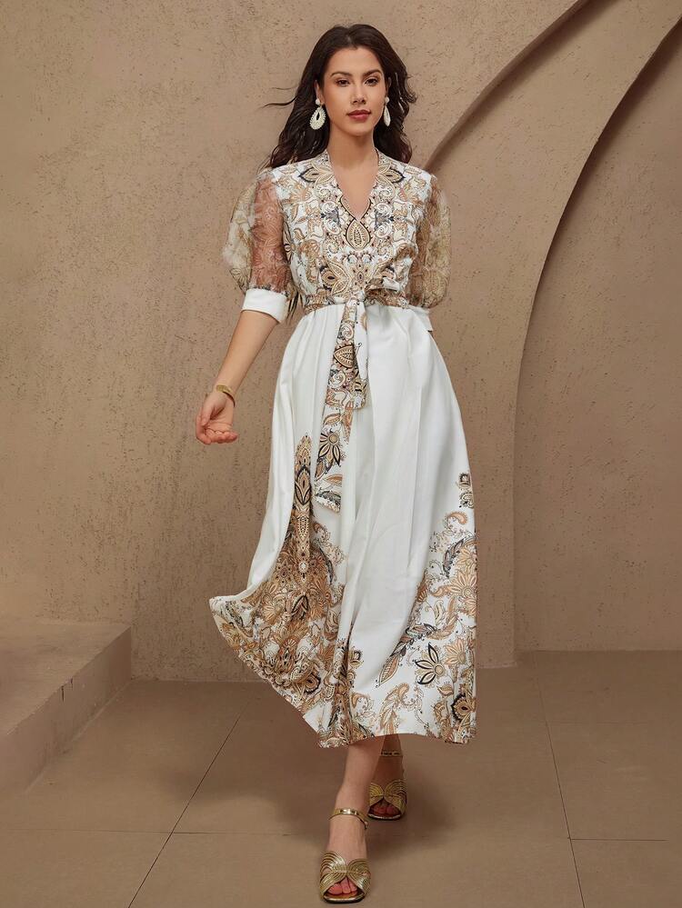 Women's Vacation Floral All-Over Print Contrast Trim V-Neck Puff Sleeve Tie-Waist Bowknot A-Line Maxi Dress, Elegant Resort Summer Dress For Graduation, Wedding Guest,Formal Women Dresses