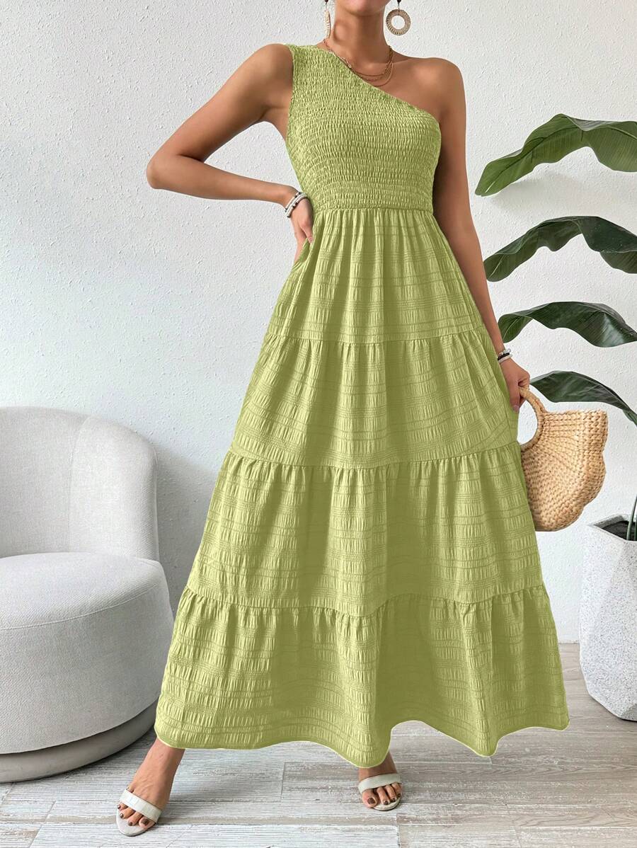 Breezaya 女式单肩无袖时尚连衣裙，配有垂坠拼接超长度假海滩装