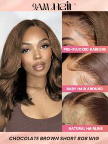 13x4 巧克力棕色蕾丝前假发 4 短发假发 真人发丝滑直发蕾丝前假发 女士 - S4 - 查看 1