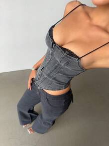 Aloruh Débardeur en dentelle ajusté sexy pour femmes, style Y2K, top corset en jean pour rave, festival, remise des diplômes, enseignante, sortie du soir - Gris foncé - Voir 6