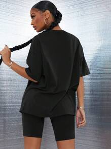 SHEIN SXY Drop Shoulder Solid Top & Cycling Shorts Set - Black - View 2