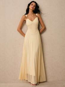 Poéselle 女士超长纯色无袖连衣裙，夏季时尚 - 杏色 - 查看 8