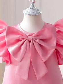 Young Girl Elegant Solid Color Butterfly Decor Ruffle Hem Summer Dress
