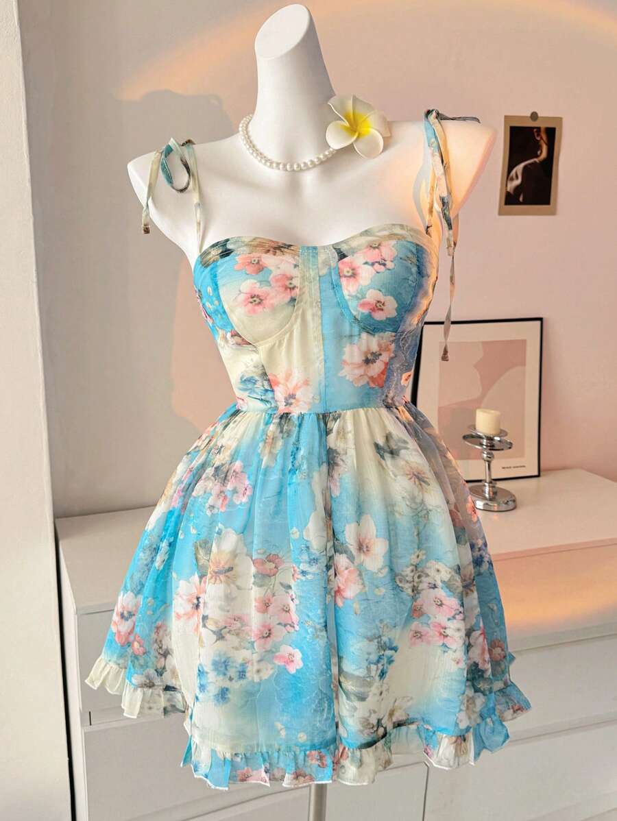 DAZY Ditsy Floral Cinched Waist Cami Dress, Women Casual Beach Holiday Dress Cruise Women Outfits,Ruffle Vacation - Mint Blue - View 1