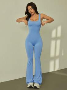 SHEIN PETITE Summer Solid Color Hollow Out Flare Skinny Jumpsuit