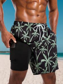 Short de plage à cordon de serrage avec imprimé palmiers, grande taille homme, hawaïen