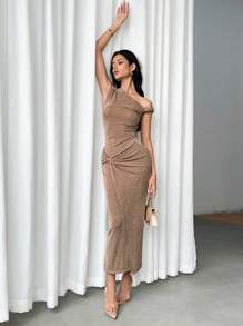 Modelyn Women's Elegant Ruched Shoulder Cinched Waist Dress, Summer - Brown - View 3