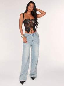 SHEIN BAE 女士黑色蕾丝性感透视镂空系带吊带短款上衣，适合约会之夜、夜间外出、生日派对、鸡尾酒会、夜总会、派对、节日派对、休闲日常穿着、可爱紧身胸衣、性感俱乐部上衣、外出上衣、夏季、紧身胸衣上衣 - 黑色 - 查看 4