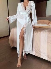 DAZY Women's Romantic Lace Patchwork Sheer Chiffon Long Robe Pajama - White - View 4