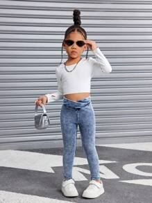 SHEIN 年轻女孩的 Y2K 蓝色牛仔弹力紧身牛仔裤，柔软舒适的针织牛仔紧身裤