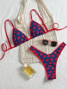Swim Mod Sweet Strawberry Print Bikini Set, Spaghetti Strap Triangle Top & High Cut Bottom, Beach/Holiday Swimwear