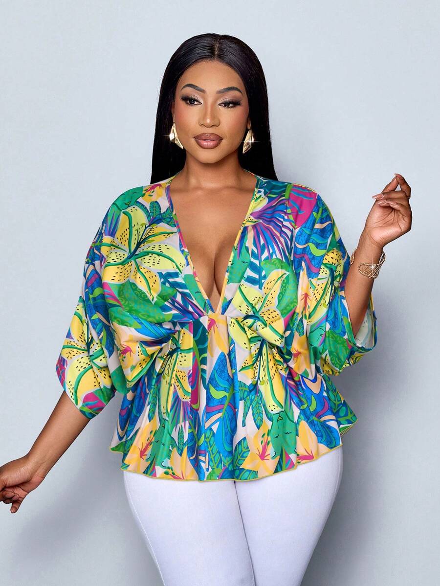 SOLERSUN New Spring And Summer Plus Size Women's Vacation Casual Outing Digital Flower Pleated Ruffle Bat Wing Sleeve Shirt - Green - View 1