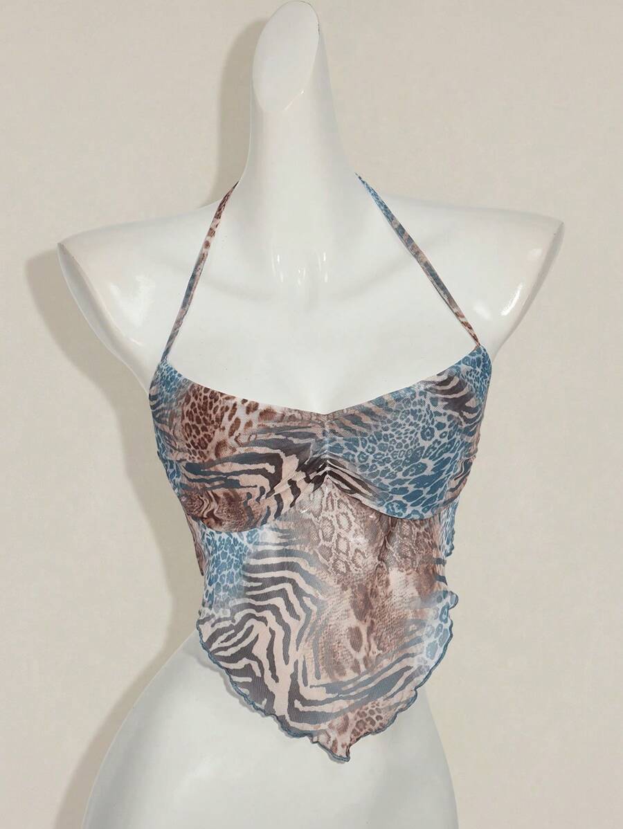 SHEIN ICON 复古蛇纹三角围巾，带挂脖装饰，背心 - 綠色 - 查看 1